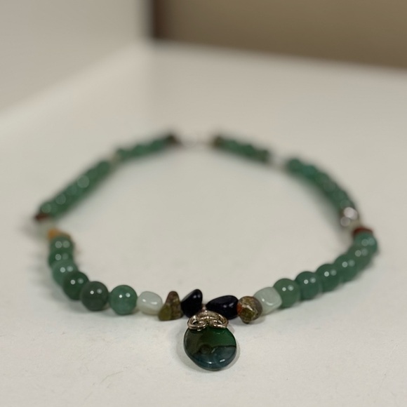 Jewelry - Handmade Green Aventurine Necklace with Agate Pendant & Toggle Clasp
